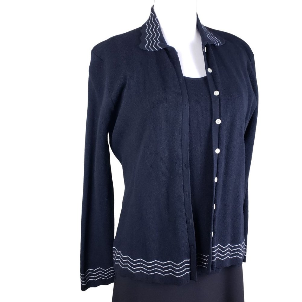 Anne Klein 2 Piece Sweater Twin Set Black with White Accents Belt Med EUC